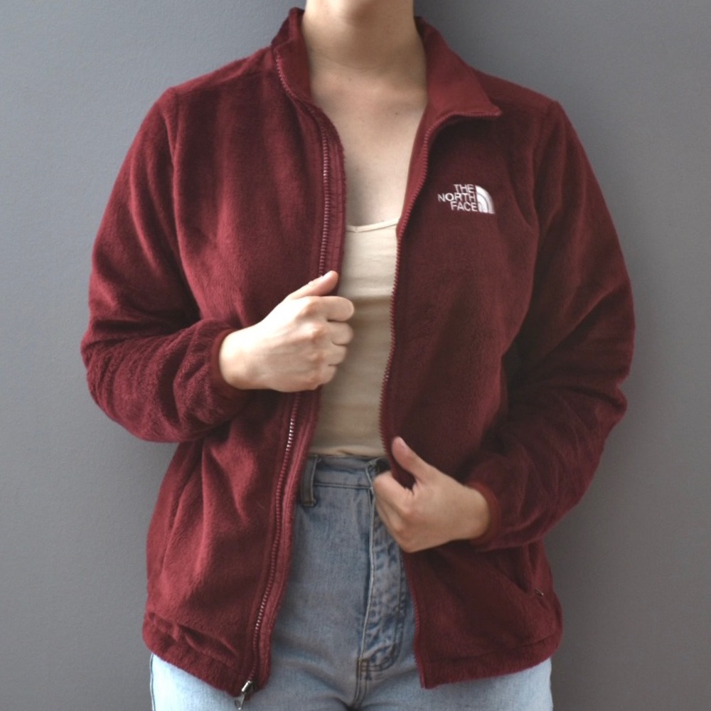 The North Face Bright Bold Red Fluffy Fleece Zip-Up Sweater Fall Jacket